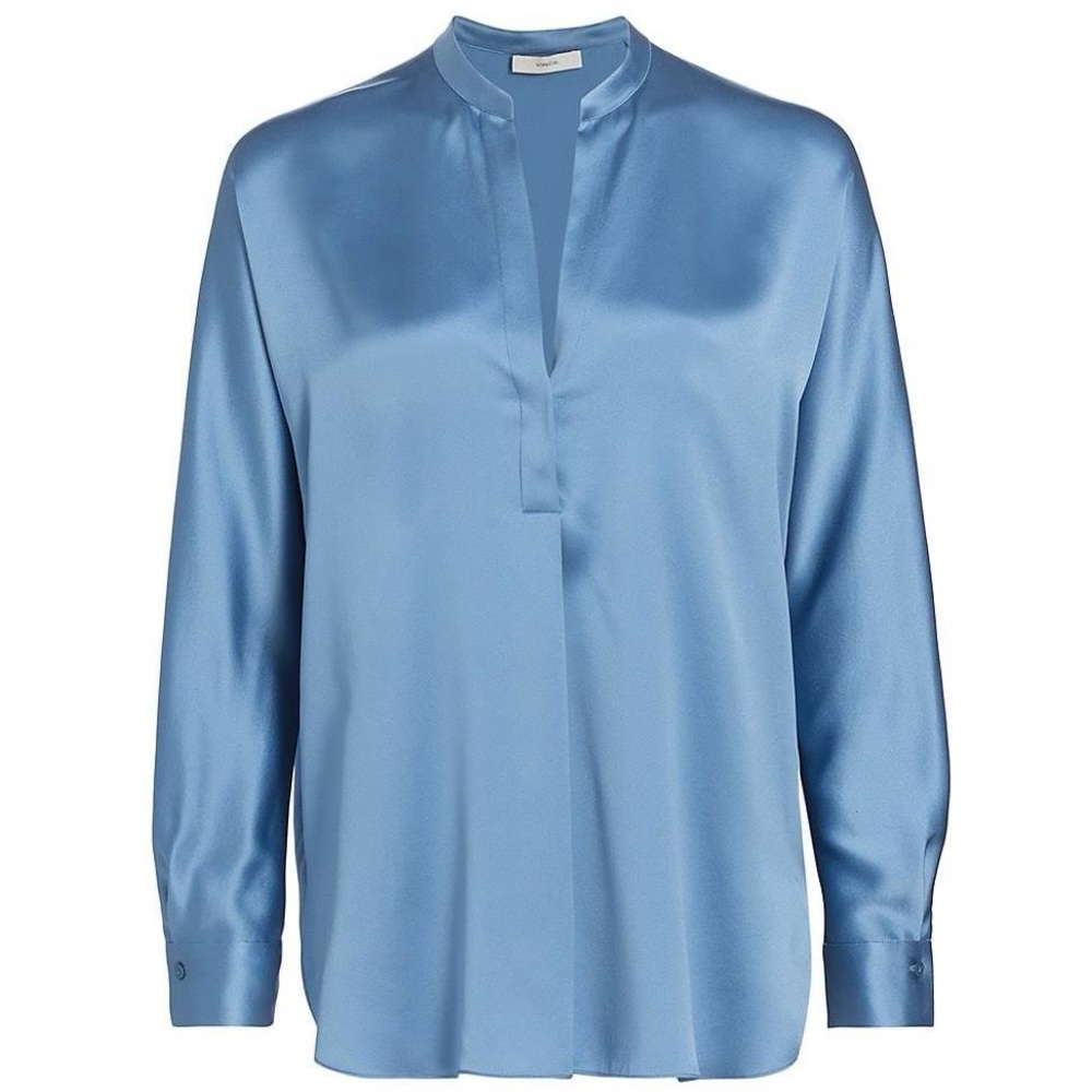 Vince Band-Collar Silk Satin Blouse